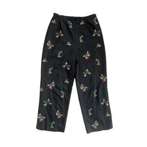 Vintage Talbots Silk Blend Asian Embroidered Crop Trouser Black 6 Summer Novelty